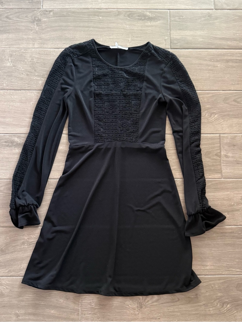 BCBGeneration Black Long Sleeve Lace-Panel A-Line Dress Office Party Holiday